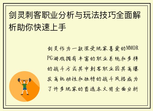 剑灵刺客职业分析与玩法技巧全面解析助你快速上手