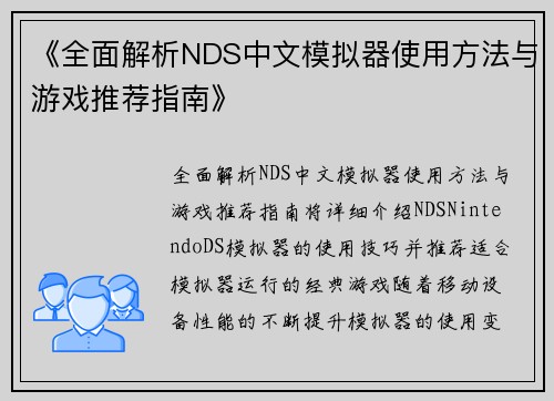 《全面解析NDS中文模拟器使用方法与游戏推荐指南》